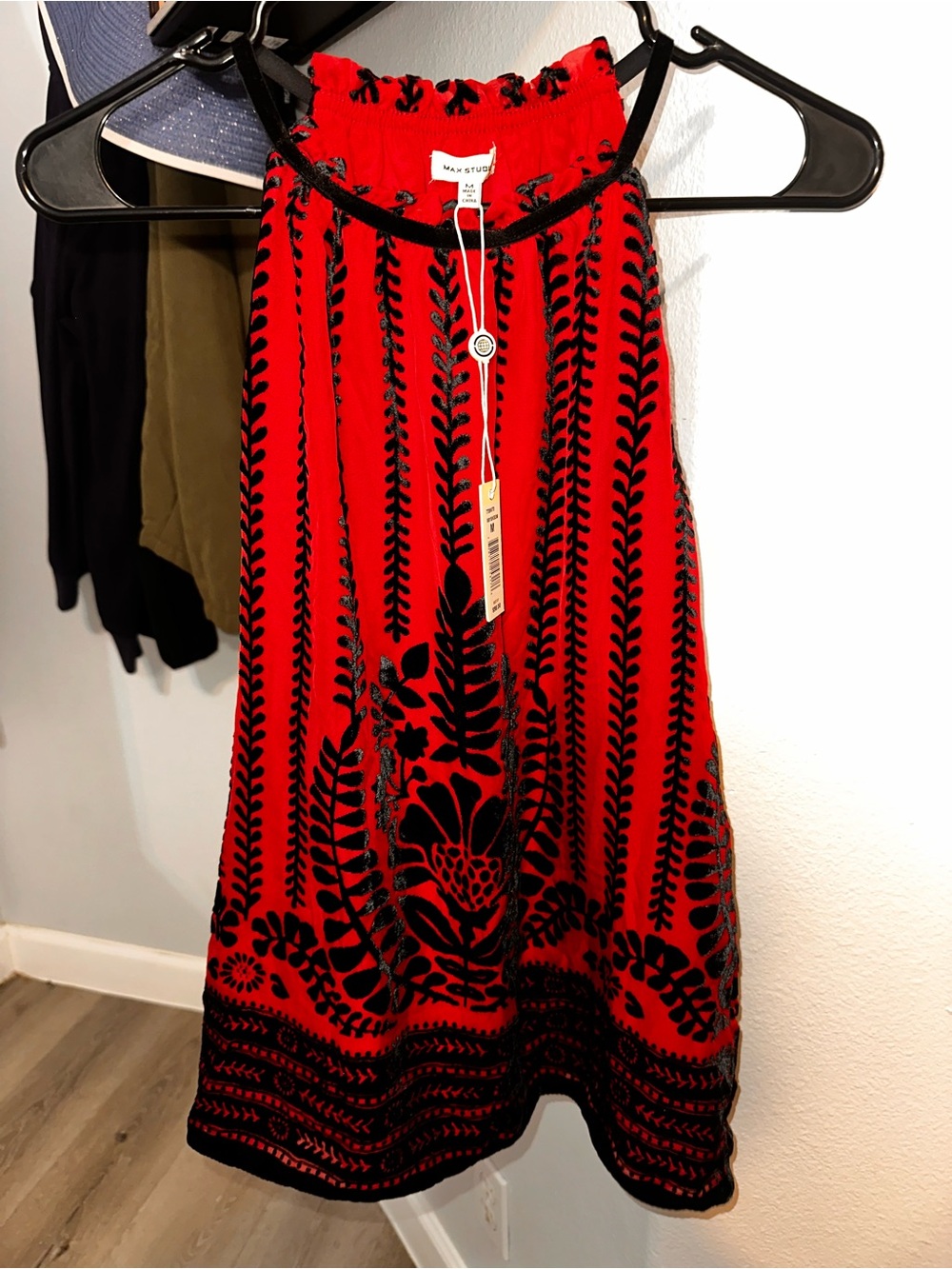 Max Studio Red & Black Velvet Embroidered halter blouse